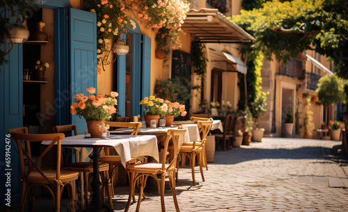 Provencal cafe on a cobbled street. Wooden tables with blue tablecloths, fresh flowers in clay pots. Provencal romance. Banner.