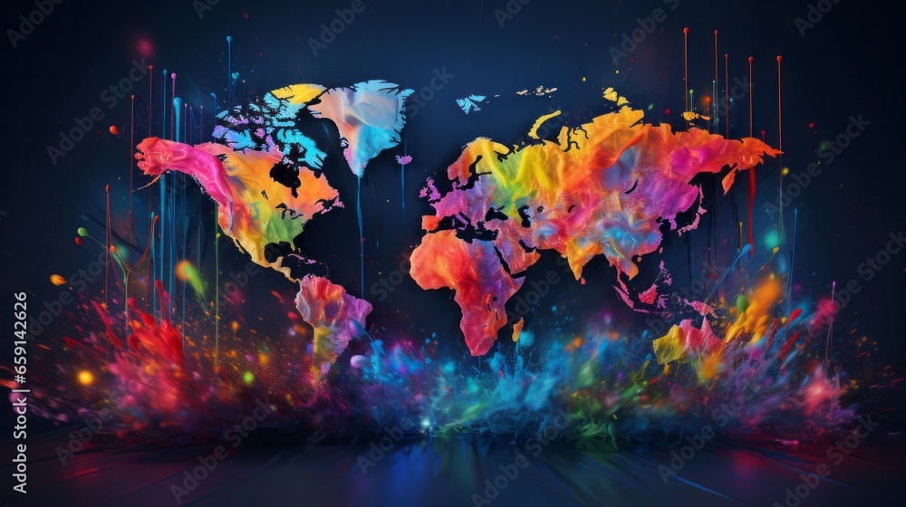 A map of the world painted in bright colors - obrazy, fototapety, plakaty 
