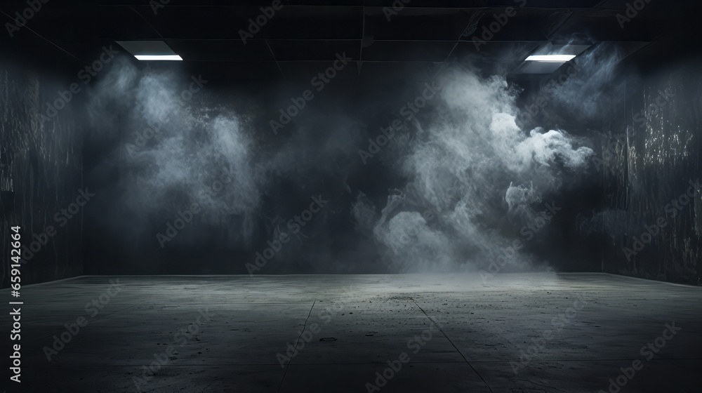 A dark room with smoke coming out of the ceiling - obrazy, fototapety, plakaty 