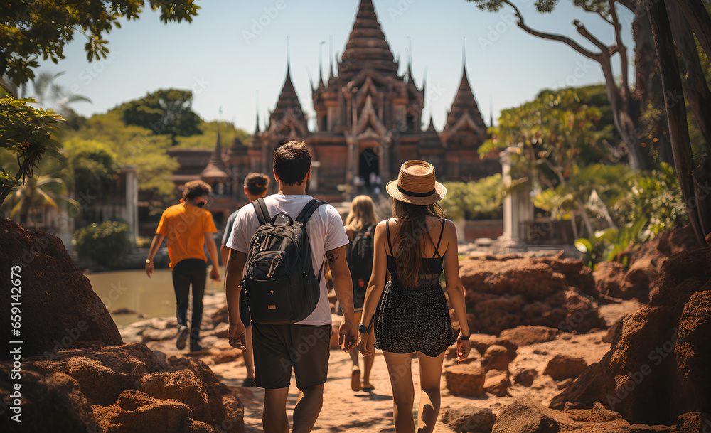 Tourists walking in front of temple in Koh Samui Thailand. - obrazy, fototapety, plakaty 