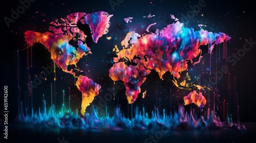 A colorful map of the world on a black background