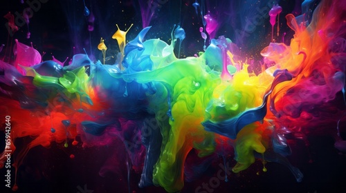 A vibrant and dynamic abstract painting on a dark backdrop