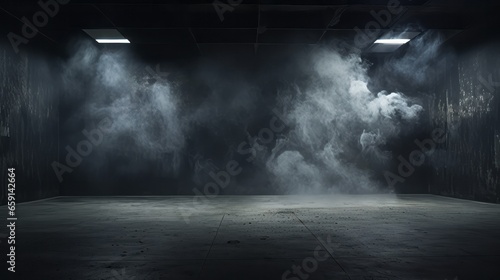 A dark room with smoke coming out of the ceiling photo