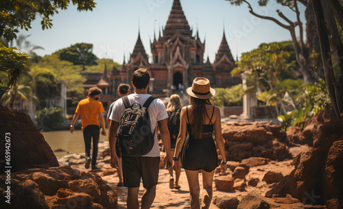 Tourists walking in front of temple in Koh Samui Thailand. photo