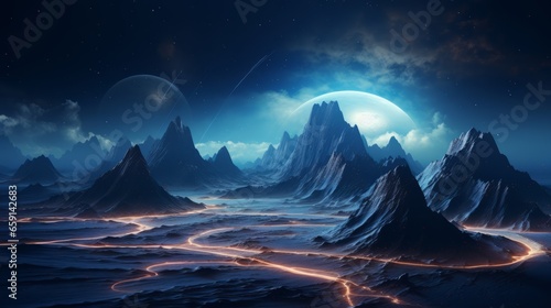 An alien landscape with mountains, roads, and a full moon