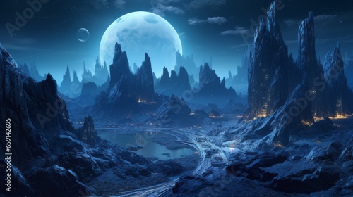 A futuristic landscape with mountains and a moon