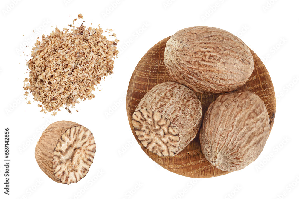 nutmeg in wooden bowl isolated on white background with full depth of field. Top view. Flat lay nutmeg in wooden bowl isolated on white background with full depth of field. Top view. Flat lay