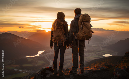 Couple of man and woman hikers on top of a mountain at sunset or sunrise  together enjoying their climbing success and the breathtaking view  looking towards the horizon