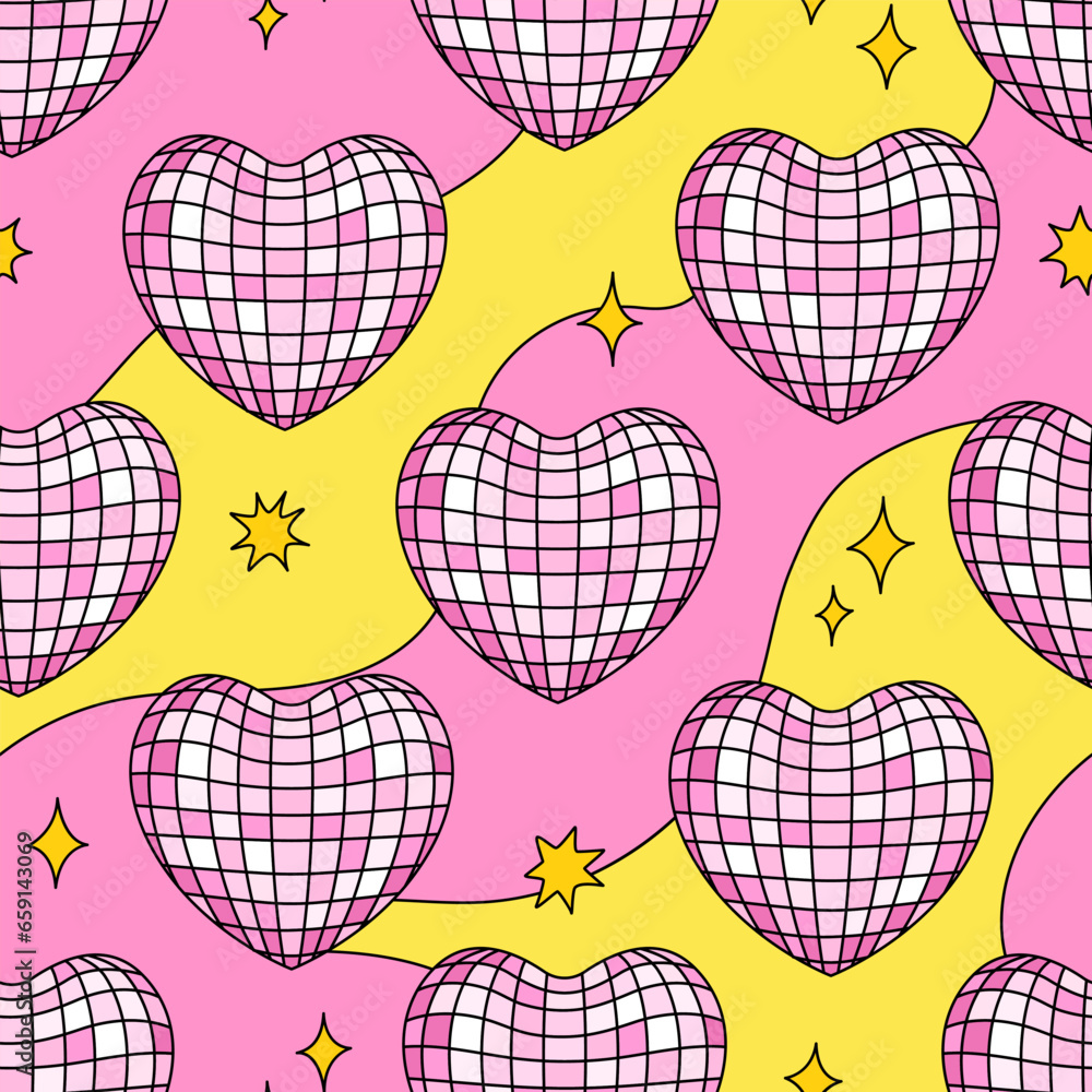 Psychedelic seamless pattern with heart shaped disco balls. Vector wavy background in 1960s style