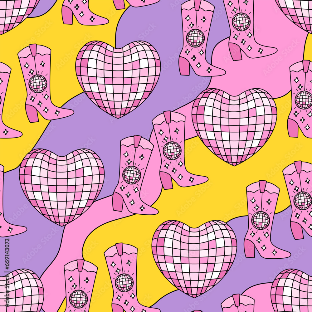 Psychedelic seamless pattern with heart shaped disco balls and cowgirl boots. Vector outline background in 1960s style