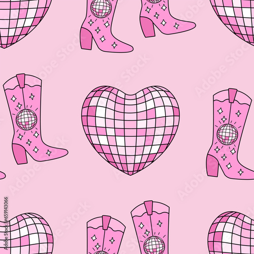 Seamless pattern with heart disco ball and cowboy boots. Holiday vector background