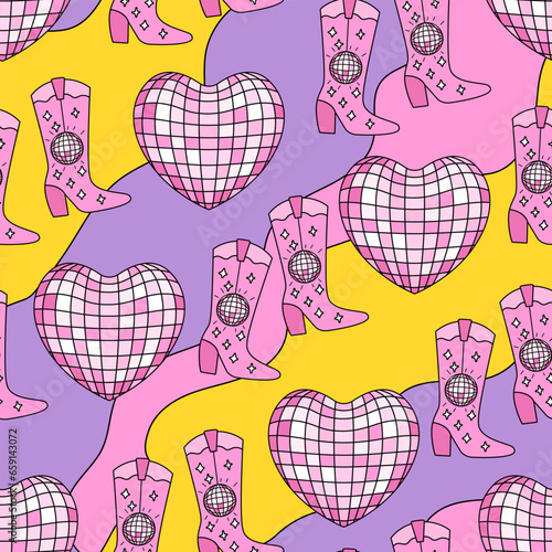 Psychedelic seamless pattern with heart shaped disco balls and cowgirl boots. Vector outline background in 1960s style