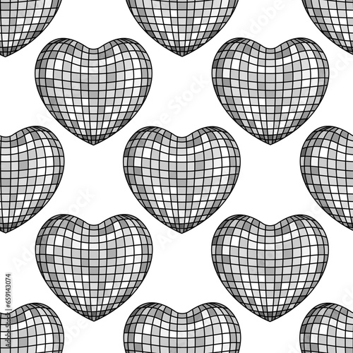 Seamless pattern with silver hearts. Vector disco balls background 