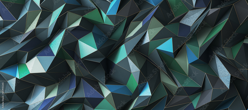 Fototapeta premium Creative wide green geometric background. Landing page concept. 3D Rendering.