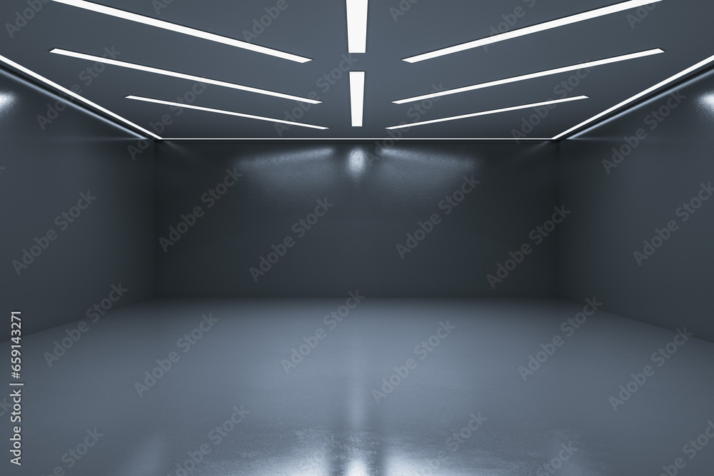 Modern exhibition hall interior with empty mock up place on gray wall. 3D Rendering. - obrazy, fototapety, plakaty 