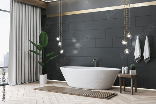 Clean dark designer bathroom interior with various decorative items  window with city view and curtains. 3D Rendering.