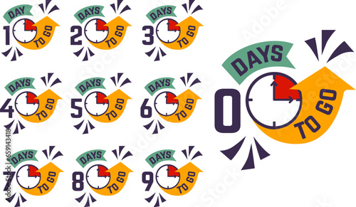 Days to go discount badges. Countdown labels for sale and special prices. Shopping banners, marketing stickers for stores, neoteric vector elements