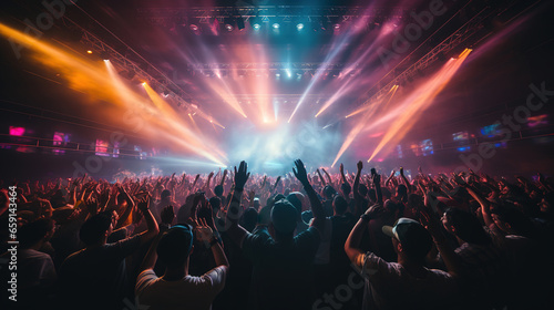 A jubilant crowd at a rock concert, disco, music festival, party, singer performance