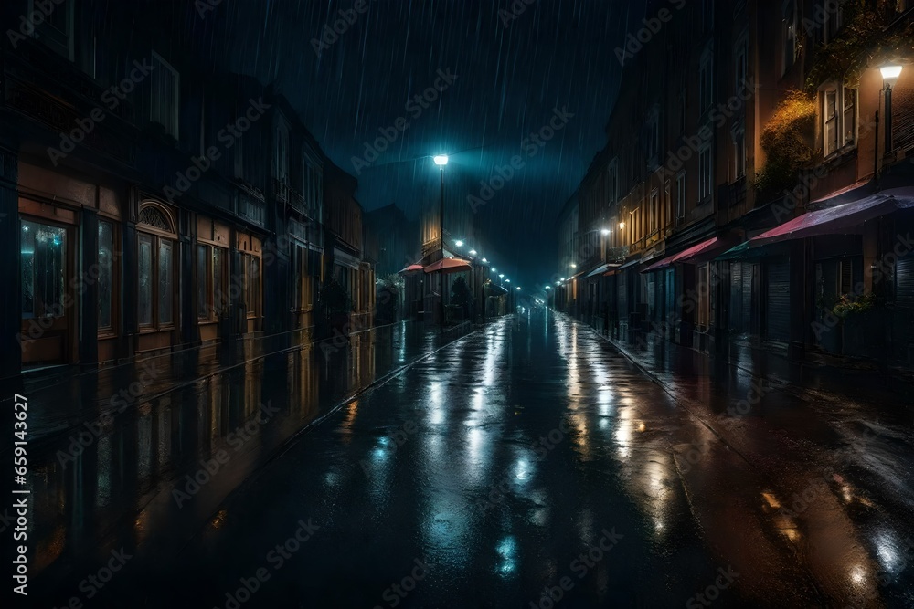Fototapeta premium A RAINY NIGHT WICH IS DARK AND PEACEFULL BUT LONELY - AI Generative