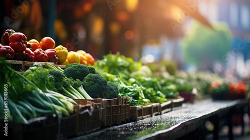 Bright fresh vegetables and fruits on the counter of a street vegetable market. Vegetarian diet ingredients and organic products for a healthy diet