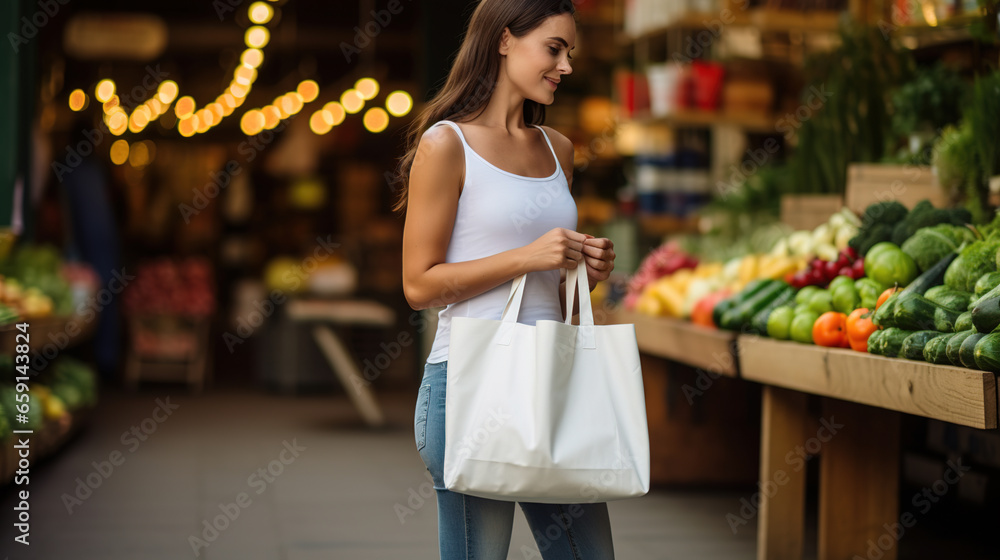 Woman chooses fruits and vegetables at farmers market. Zero waste, plastic free concept. Sustainable lifestyle. Mock up white cotton eco bags for shopping