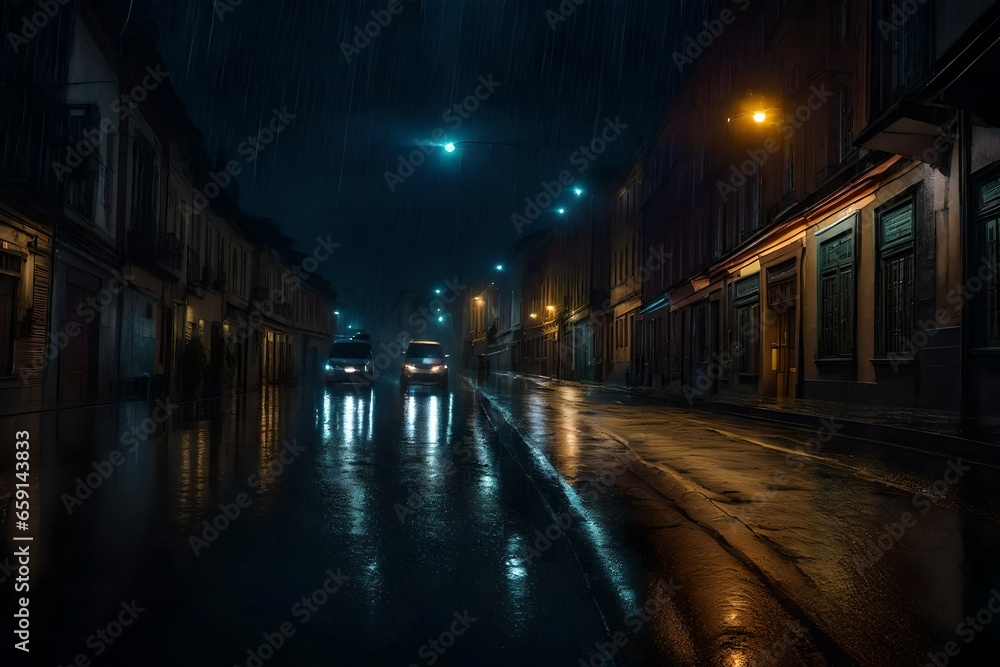A RAINY NIGHT WICH IS DARK AND PEACEFULL BUT LONELY - AI Generative