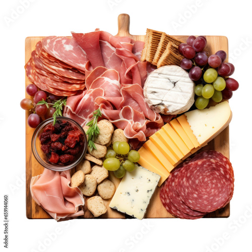 Charcuterie board: Assorted meats, cheeses, and crackers arranged artfully. isolated