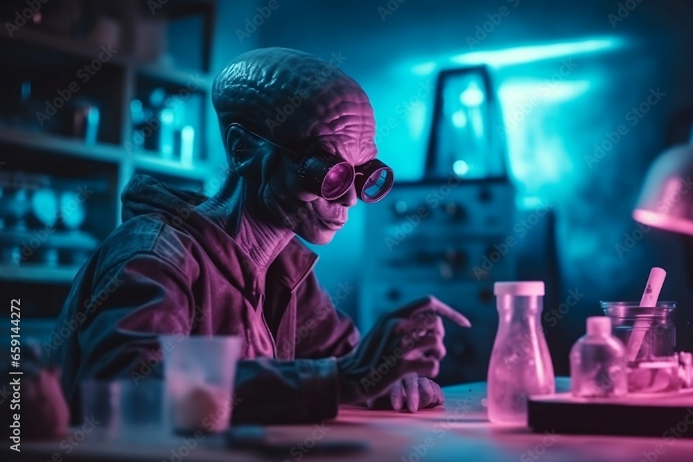 Alien scientist in laboratory studies chemical elements, viruses, bacteria. Purple and lilac neon. Test tubes with chemicals and poisons. Concept of education, science, experiment, UFO. Man in glasses