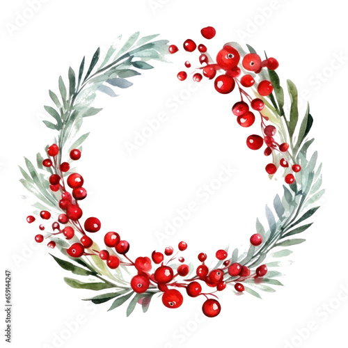 Festive watercolor Christmas wreath with red berries and a frame.