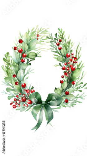 Watercolor mistletoe wreath with red berries and a wooden frame