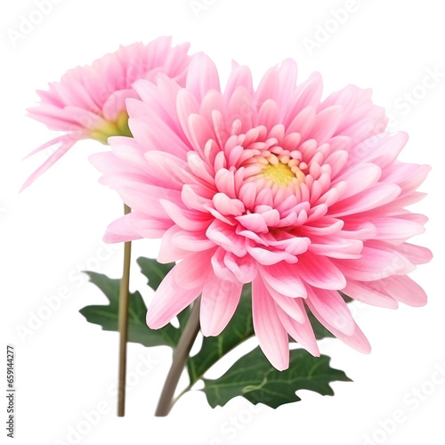 delicate pink chrysanthemum flower buds and leaves isolated