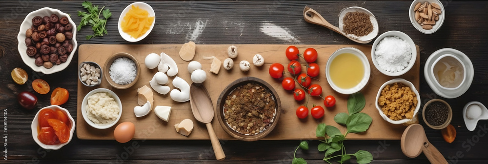 Horizontal banner. Flat lay. Top view of long large big wooden table with food. Round plate, cutting board, cherry tomato, green leaf. Concept for grocery delivery, family dinner, lunch. Generative AI