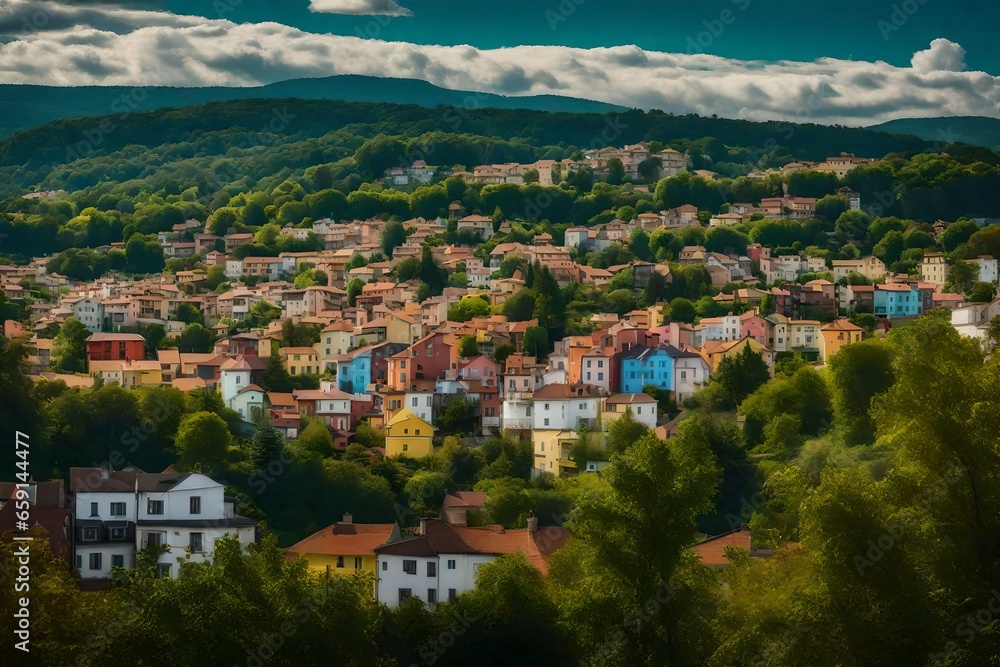 A VIEW FROM A HILL OF A COLORFUL TOWN WITH TREES - AI Generative