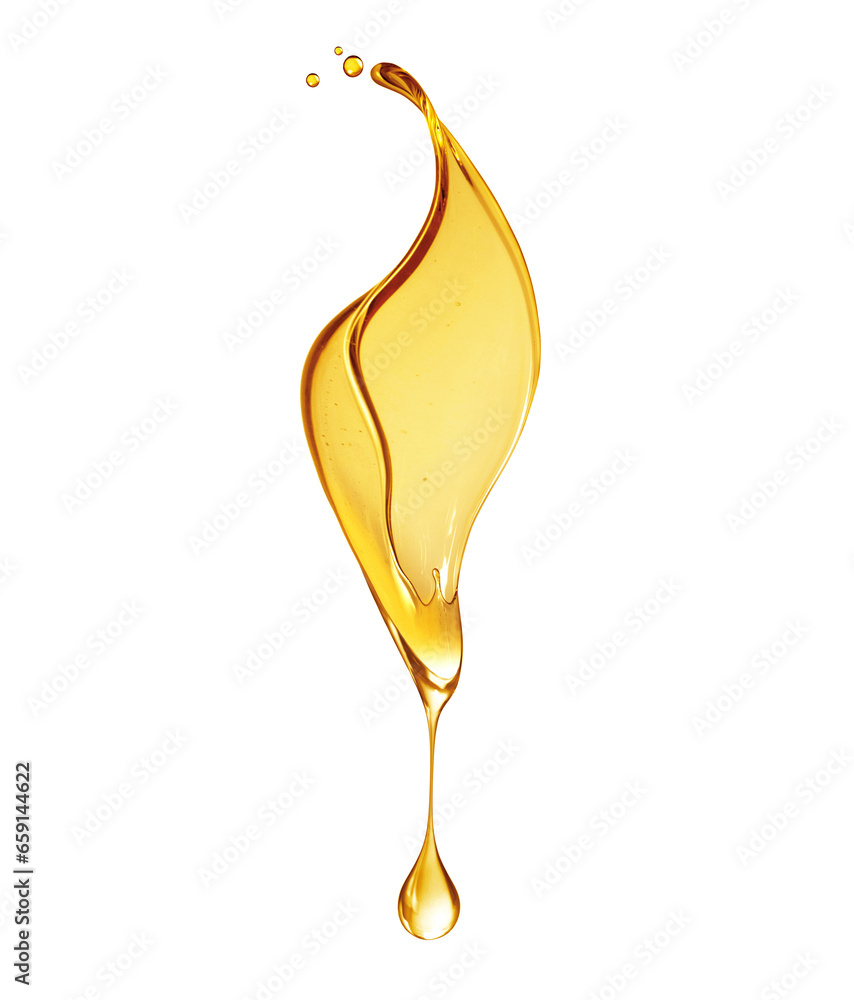 Drop of olive oil or oily cosmetic liquid dripping on a white background - obrazy, fototapety, plakaty 