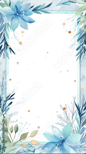 Winter foliage with watercolor splashes and a wooden frame