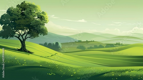 illustration,green nature landscape with tree, mountain and meadows