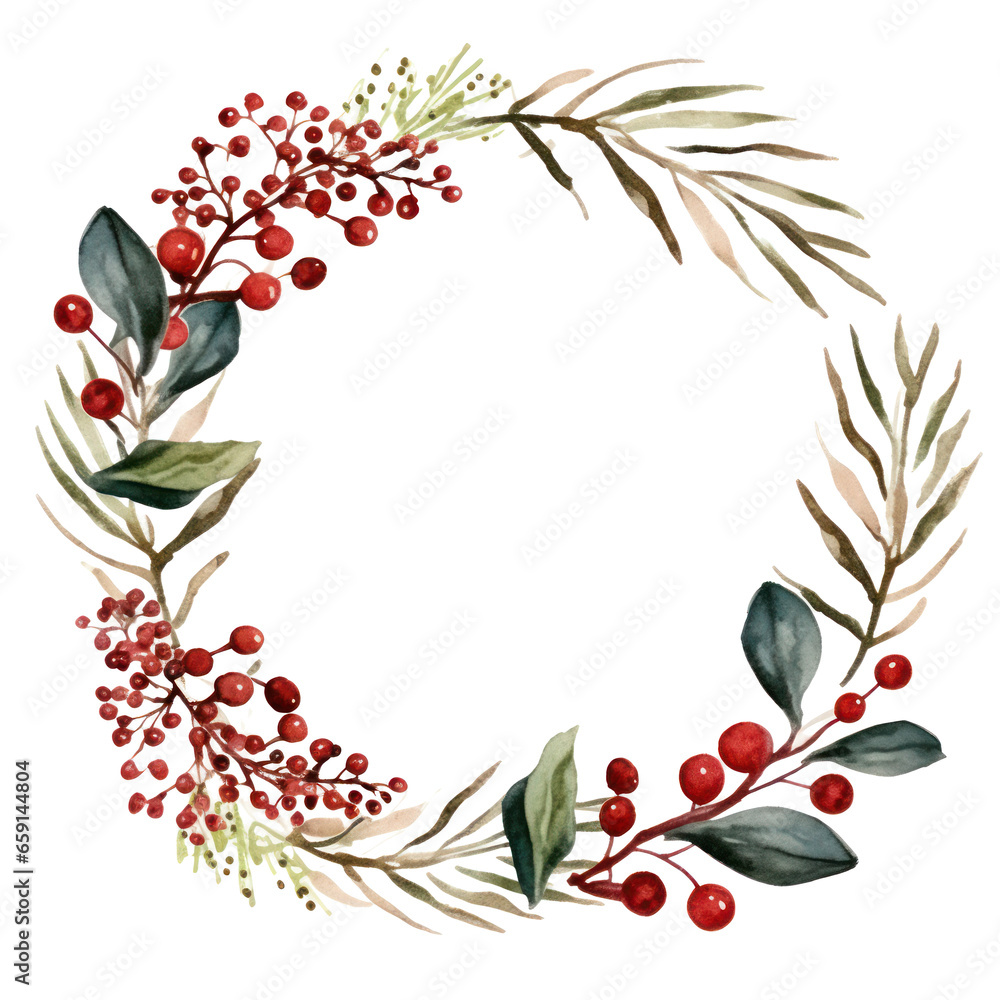 Fototapeta premium Hand-painted winter berries and leaves with a wooden frame