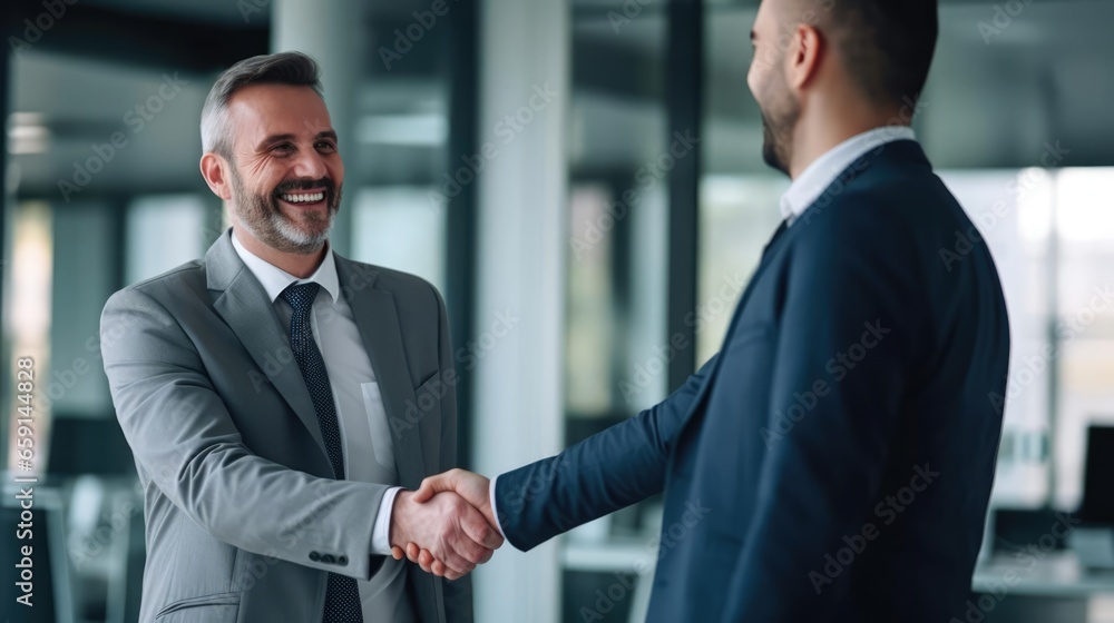 Portrait of cheerful young manager handshake with new employee Portrait of cheerful young manager handshake with new employee