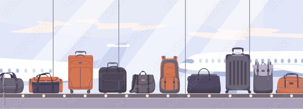 Travel baggage on conveyor, luggage on airport belt. Plastic suitcases and backpack, big bags. Security claim and safety flight, kicky vector flat scene - obrazy, fototapety, plakaty 