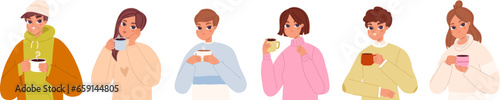 People drinking hot drinks. Women hold tea cup, warm latte or coffee mug. Young person holding beverage and chocolade snugly vector characters