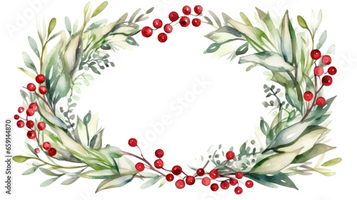 Watercolor mistletoe wreath with red berries and a wooden frame