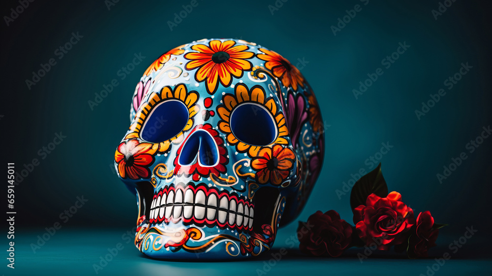 Bemalter Totenschädel (Calavera), zum Tag der Toten (Día de Muertos), dem mixikanischen Feiertag zum Gedenken an verstorbene. 