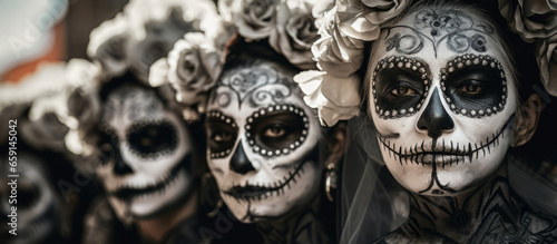 Als Skelett geschminkte Frauen mit Blumenbestecktem Hut, zum Tag der Toten (Día de Muertos), dem mixikanischen Feiertag zum Gedenken an verstorbene. 