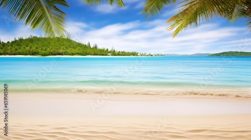Sandy tropical beach with island on background © Fred