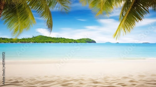 Sandy tropical beach with island on background  © Fred