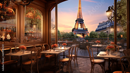 Cafe overlooking Tower in the historic center of Paris. Olympic city. Banner.