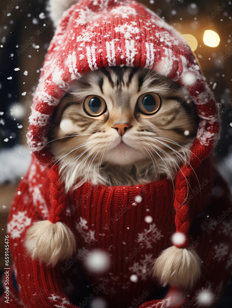 Realistic vertical illustration. Cute face of cat in knitted red winter hat with white pompom. Concept of coziness, winter holiday, christmas, new year, snowy weather, pet care. Snow. Generative AI Realistic vertical illustration. Cute face of cat in knitted red winter hat with white pompom. Concept of coziness, winter holiday, christmas, new year, snowy weather, pet care. Snow. Generative AI