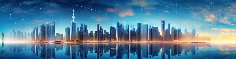 an illustration, background landscape with tall business towers, website header