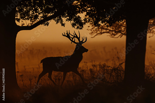 the red deer (Cervus elaphus) Richmond park, dark silhouette in red sunrise