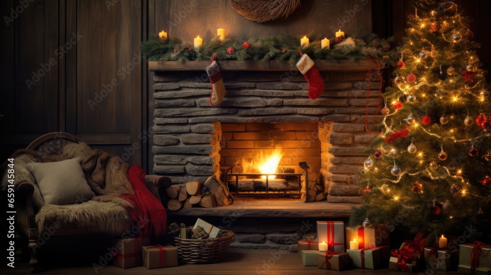 Christmas decorated fireplace. Interior living room with Christmas tree and gifts, armchair with blanket and gifts. Warm cozy Xmas concept..